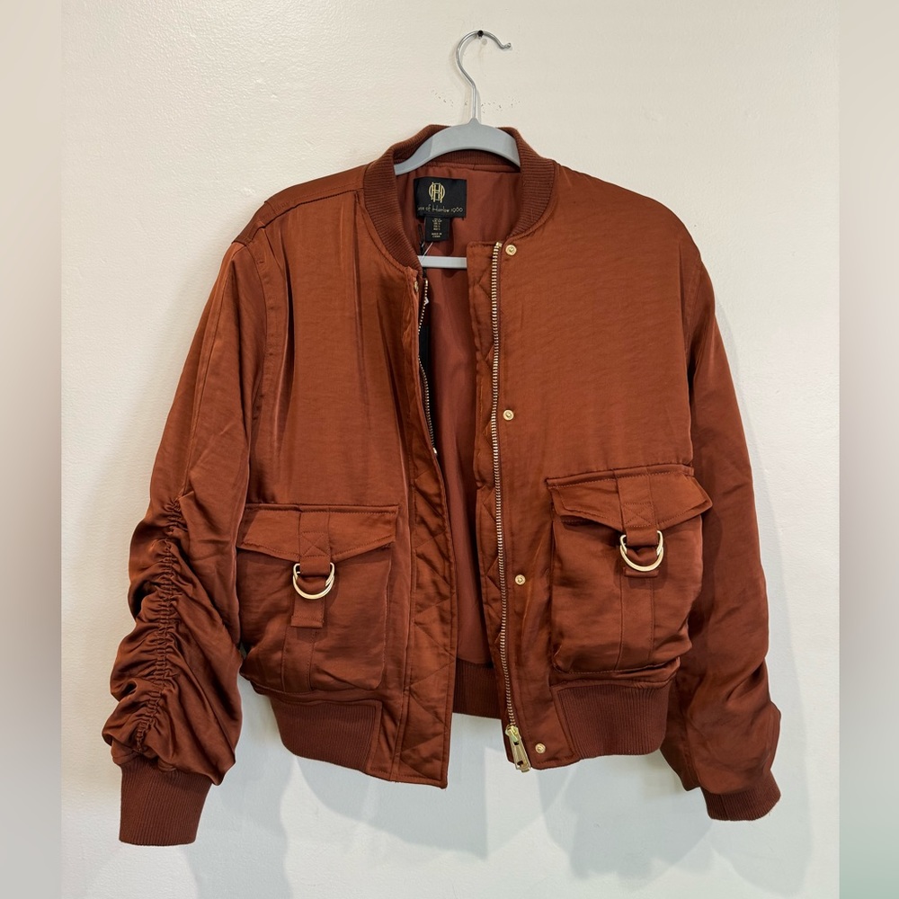 House of Harlow 1960 Plush Satin Brown Copper Bomber Jacket (S)